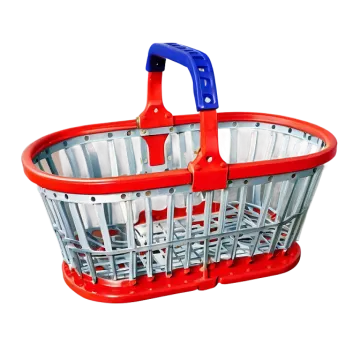 a red plastic basket with a blue handle