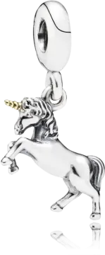 a silver charm with an image of a unicorn