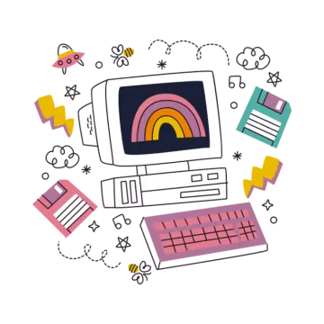 an illustration of a computer with a rainbow on the screen