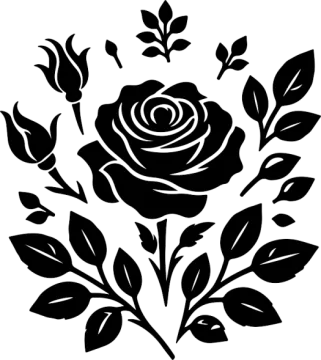 a black rose with leaves on a white background