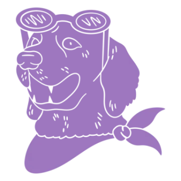 a purple dog with glasses and a bow