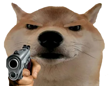 a dog with a gun in its mouth