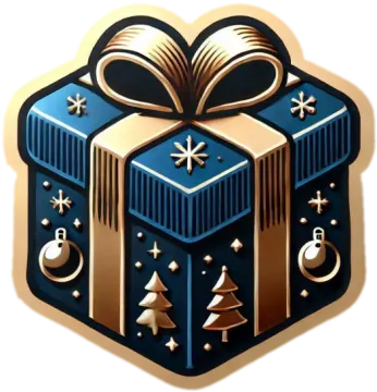 a blue and gold gift box with christmas decorations