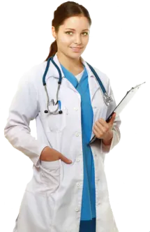 a woman in a white lab coat holding a clipboard