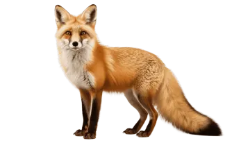 a red fox standing in front of a white background