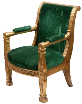 a chair with green velvet upholing
