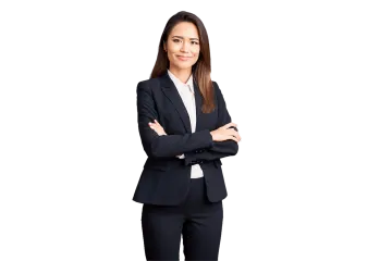 a woman in a business suit with her arms crossed