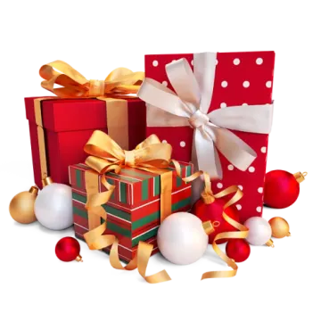 a pile of red and gold christmas presents