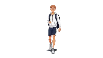 a young boy in a white shirt and blue shorts