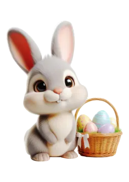 a small rabbit sitting next to an easter basket