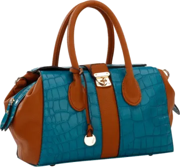 a blue and brown handbag