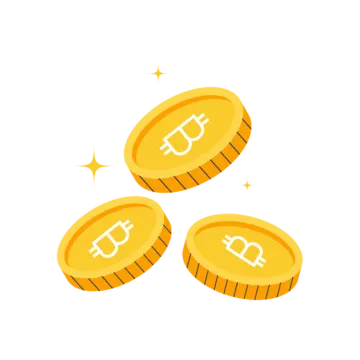 three stacks of gold coins with a bit coin on top