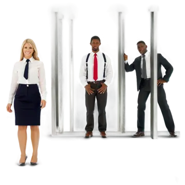 a group of business people standing in front of columns