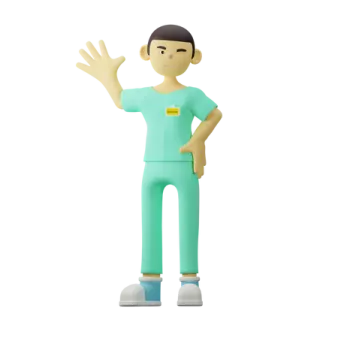 a man in a green scrub suit with his hand up