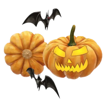 two pumpkins with bats flying around them