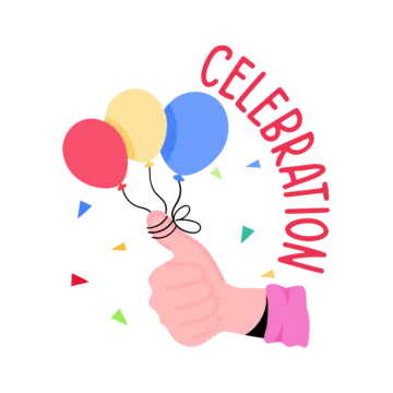 a hand holding balloons with the word celebration