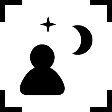 a black and white icon of a person with a crescent