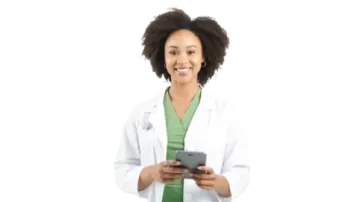 a woman in a white lab coat holding a tablet
