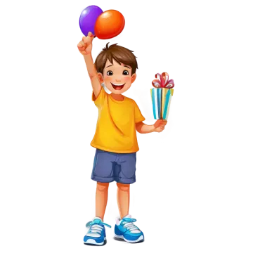 a boy holding balloons and a gift box