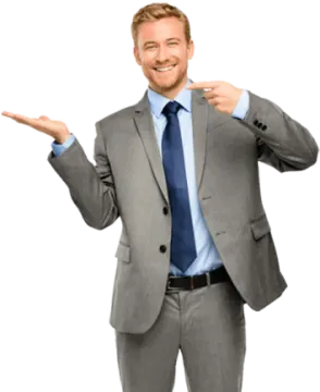 a man in a suit and tie pointing at the camera