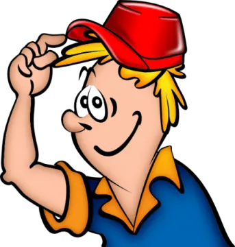 a cartoon boy wearing a red hat and blue shirt