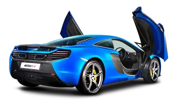 a blue sports car with its doors open