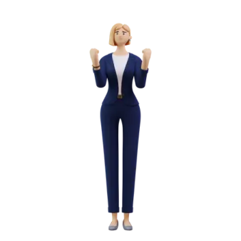 a woman in a blue suit and white shirt