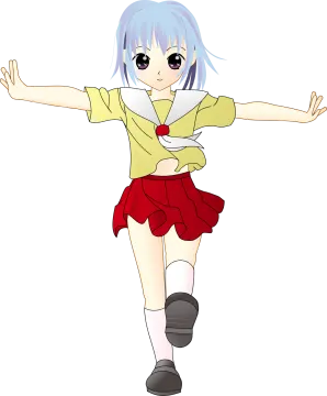 a girl in a yellow shirt and red skirt
