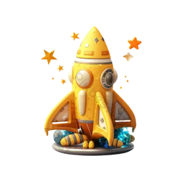 a yellow rocket sitting on top of a white surface