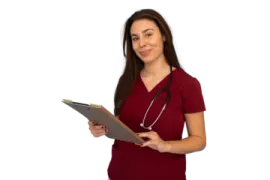 a woman in scrubs holding a clipboard