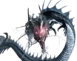 a black dragon with red eyes and fangs