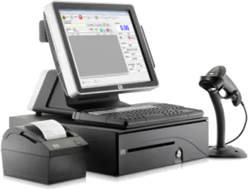 a desktop pos system with a phone and printer