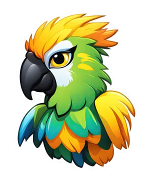 a colorful parrot head with yellow and green feathers