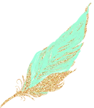 a gold and turquoise feather on a white background