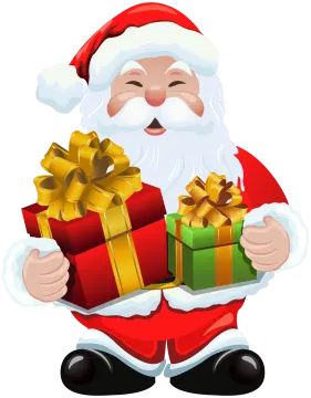 a cartoon santa holding a gift box