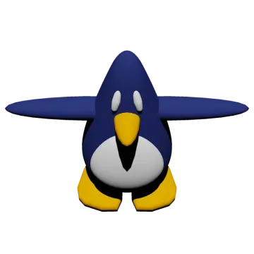 a blue and yellow penguin sitting on the ground