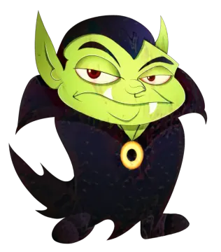 a cartoon character with green hair and red eyes
