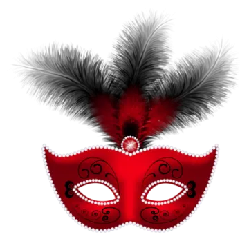 a red carnival mask with feathers