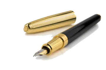 a black and gold fountain pen on a white background