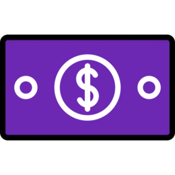 a purple and white icon with a dollar symbol