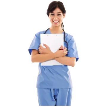 a woman in scrubs holding a clipboard