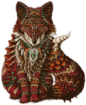 a drawing of a fox with colorful patterns