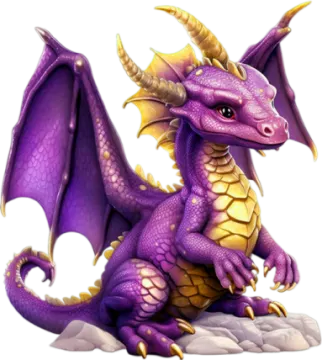 a purple dragon sitting on top of a rock