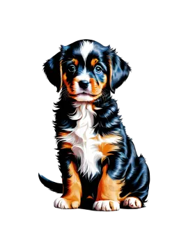 a black and white puppy sitting on the ground