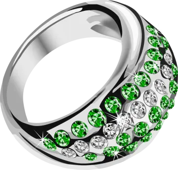a white gold ring with green gems