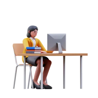 a woman sitting at a desk with a laptop