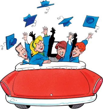 a group of people in a red car with graduation hats
