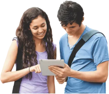 a man and woman looking at a tablet