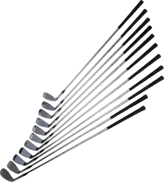 a set of five golf clubs on a white background