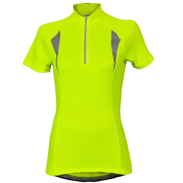 a women's short sleeved cycling jersey in neon yellow